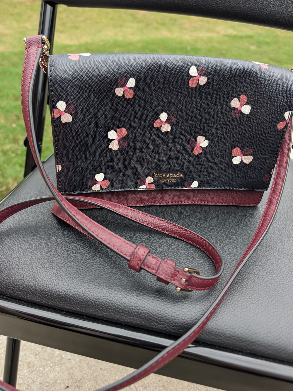 kate spade Black Floral Crossbody with Burgundy Strap and Pink Flower Accents